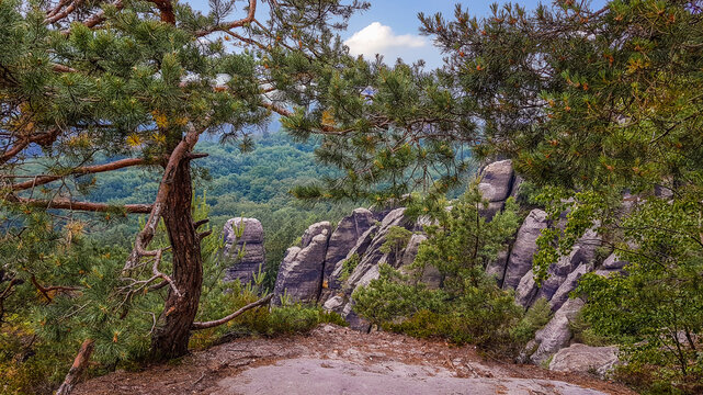 Naturally framed view of the Schrammsteine rocks, Saxony, Germany