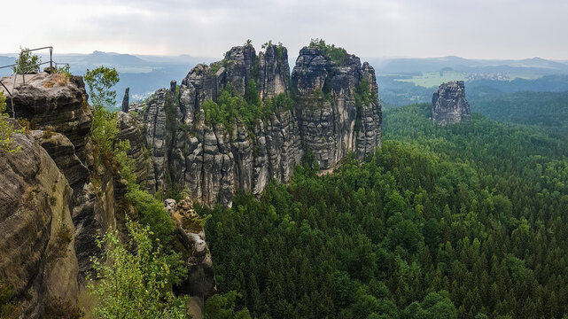 Misty view of Schrammsteine rocks from their vantage point, Saxony