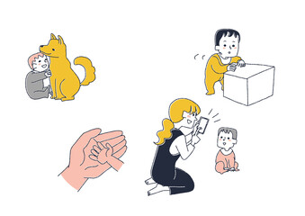 子供の成長の様子のセット　コミカルな手書きの人物　ベクター、線画にシンプルな色つけ　
