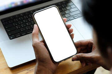 Mock up phone in man hand showing white screen