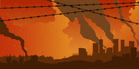 Horizontal background with destroyed city and barb wire. War concept banner with Barb Wire and town vector illustration.