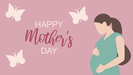 Pregnant woman patting her belly. Happy Mother's Day congratulation on pink background