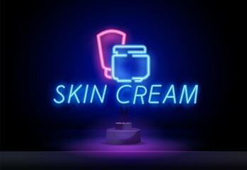 Neon text skin cream. Makeup, beauty, spa or skin care logo. Vector 10 EPS illustration. Element of design for cosmetic, health, girly or female concept.