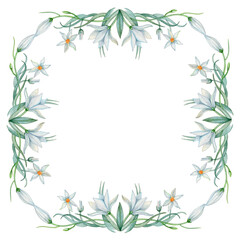 Fototapeta na wymiar Square frame with white blossom flowers. Hand painted design element. Watercolor clip art for wedding, greeting cards, menu, labels and invitations. Isolated on white.