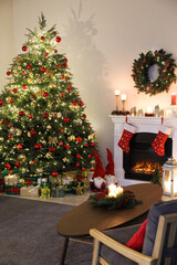 Cozy room interior with beautiful Christmas tree and fireplace