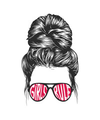 Women messy bun hairstyles wearing Girls rule typographic sunglasses vector line art illustration - obrazy, fototapety, plakaty