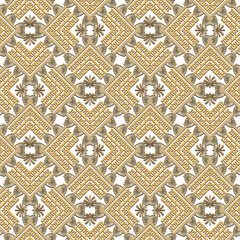 Gold zigzag greek seamless pattern. Greek key meanders floral vector background. Tribal ethnic repeat Deco backdrop. Golden geometric zig zag ornament with flowers. Trendy design. Endless texture