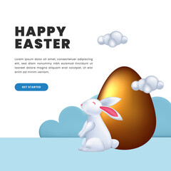 cute 3d bunny rabbit with golden egg illustration concept for greeting card happy easter day