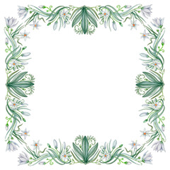 Square botanical frame with white flowers, buds, branches and leaves. Hand drawn watercolor clip art. Perfect for wedding, greeting cards, menu, labels etc.