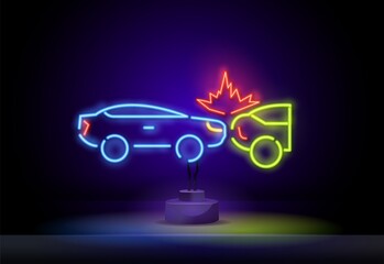 collision of two cars neon light sign vector. Glowing bright icon collision of two cars sign. Broken car neon sign.