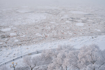 The frozen Amur River near the embankment of Khabarovsk, Russia.