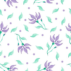 watercolor flower pattern  with purple flowers on a white background