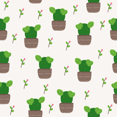 Cute cactus seamless pattern in doodles hand drawn cartoon style. Modern bright repeated texture with green cacti and desert plants for scrapbook, print, wallpaper, wrap gift, card, fabric.