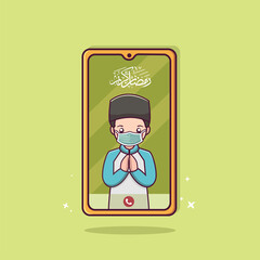 Muslim people communicate online through smartphone video call in ramadan kareem and eid mubarak