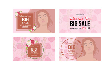Obraz premium Promotion banner for Women's day sale. Vector illustration with realistic gift boxes, cute hearts and ribbons on pink background. Promo discount poster.