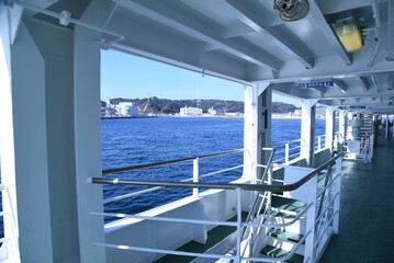 Sightseeing trip by ferry in Japan. A 40-minute cruise from Kurihama Port in Kanagawa Prefecture to Kanaya Port in Chiba Prefecture. 