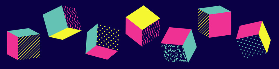 abstract cubic shapes in the style of memphis neon colors