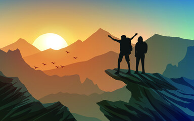 silhouette of travelers in the mountains