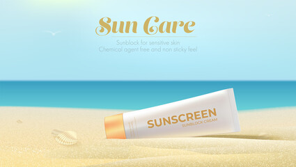 Tube of sunscreen cream close up. Cream lying in sand. Beach scene.