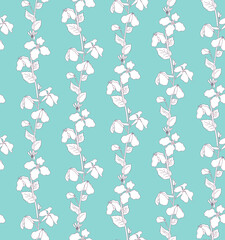春の草花が並んだ線画のおしゃれなシームレスパターンのイラスト　ブルーグリーン