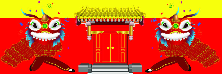 happy Chinese new year Ancient Building Lion Dance background