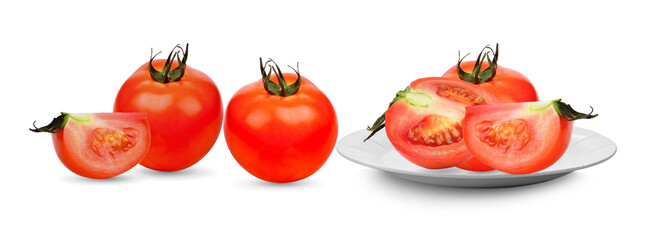 Ripe tomatoes in white plate on white background