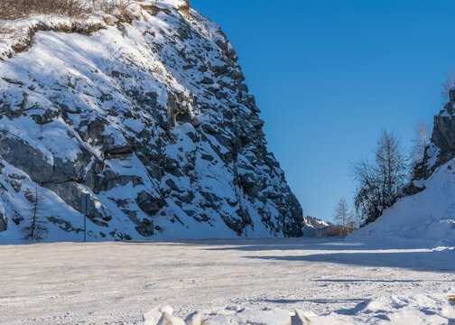 The winter road runs between steep cliffs. Snow on rocky slopes. Bare trees against a clear blue sky. Copy space. Altai Republic