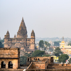 Fototapeta premium Jahangir Mahal (Orchha Fort) in Orchha, Madhya Pradesh, India, Jahangir Mahal or Orchha Palace is citadel and garrison located in Orchha. Madhya Pradesh. India, Indian Archaeological Sites