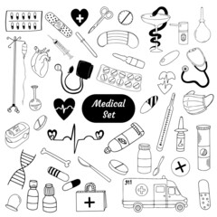 Medicine and healthcare doodle sketches, icons.  Medicines, pills, pharmacy, first aid, human organs, diseases, treatment. Vector illustration highlighted on a white background.