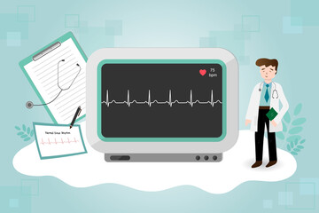 Fototapeta na wymiar he doctor in gown uniform is standing beside vital sign monitor that show electrocardiogram (EKG ,ECG) normal sinus rhythm and heart rate.Medical healthcare.Vector.Illustration.