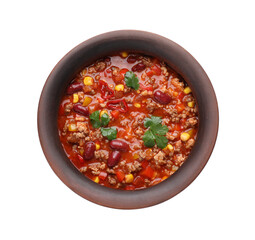 Bowl with tasty chili con carne on white background, top view