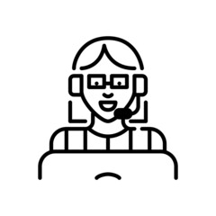 Young girl with bob haircut in glasses working as a call center agent. Speaking in a headset working at laptop. Pixel perfect, editable stroke