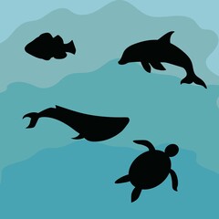 Sea world animals silhouette. Silhouette of fish, dolphin, whale, and turtle. Vector illustration of fish, dolphin, whale and turtle.