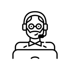 Middle aged man wearing a headset and working as a call center agent at a laptop. Pixel perfect, editable stroke icon 
