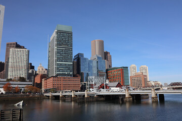 Fototapeta na wymiar Boston skyline from Seaport, Massachusetts