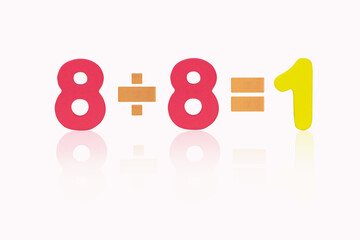 TEight divided Eight equals One Isolated on white background. Image of simple math addition operation for kids, Colorful wooden alphabets set sort. 3D illustration or 3D rendering. 