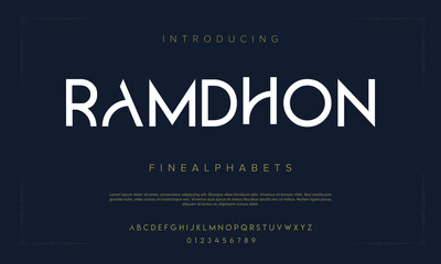 Ramdhon, ramadan kareem alphabet. Modern abstract sans serif typography. Minimal simple music religion muslim vector font