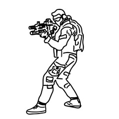 line art illustration of soldier with gun, Outline sketch silhouette of soldier