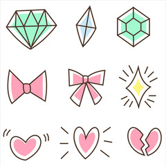 vector illustration of a collection of nine cute lover icons, diamonds, and ties.