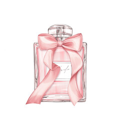 Perfume pink bottle with bow. Illustration on white background - 490835374