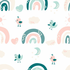 Nursery bird rainbow seamless pattern. Boho rainbow and cute animal. Abstract rainbow and clouds. Poster illustration and baby room. Stock vector cartoon flat illustration on a white background.