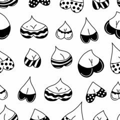 Breast boobs doodle seamless pattern. Hand drawn female breasts in different underwear. Bodypositive. Love your body. Breast cancer. Stock black and white vector illustration. - obrazy, fototapety, plakaty