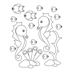 Coloring page for children. Seahorse and unVector illustration on white background.