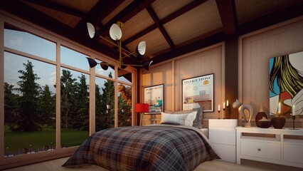 bedroom on the wooden cabin 3d rendering
