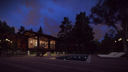 wooden cabin at the night view 3d rendering