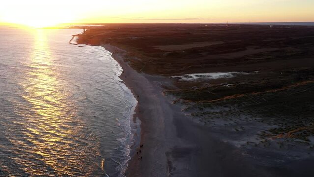 Drone Over People Walking Along Grenen Sandbar