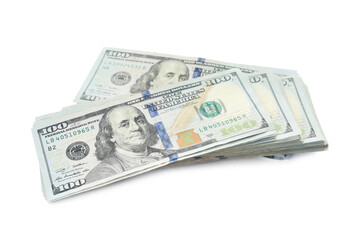 Many dollar banknotes on white background. American national currency
