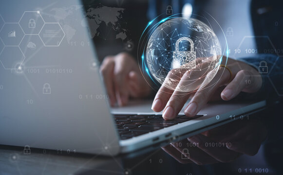 Network security, digital crime, personal data protection, business technology concept. Business woman using laptop computer with globe and cyber security icons - Powered by Adobe