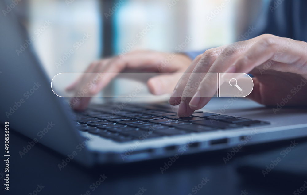 Wall mural data search technology search engine optimization (seo). woman's hands typing on laptop computer key