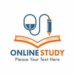Online study logo template illustration. there are book, pencil with mouse 